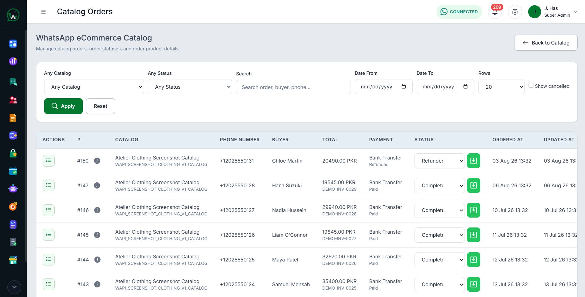 WAPI catalog order management workspace