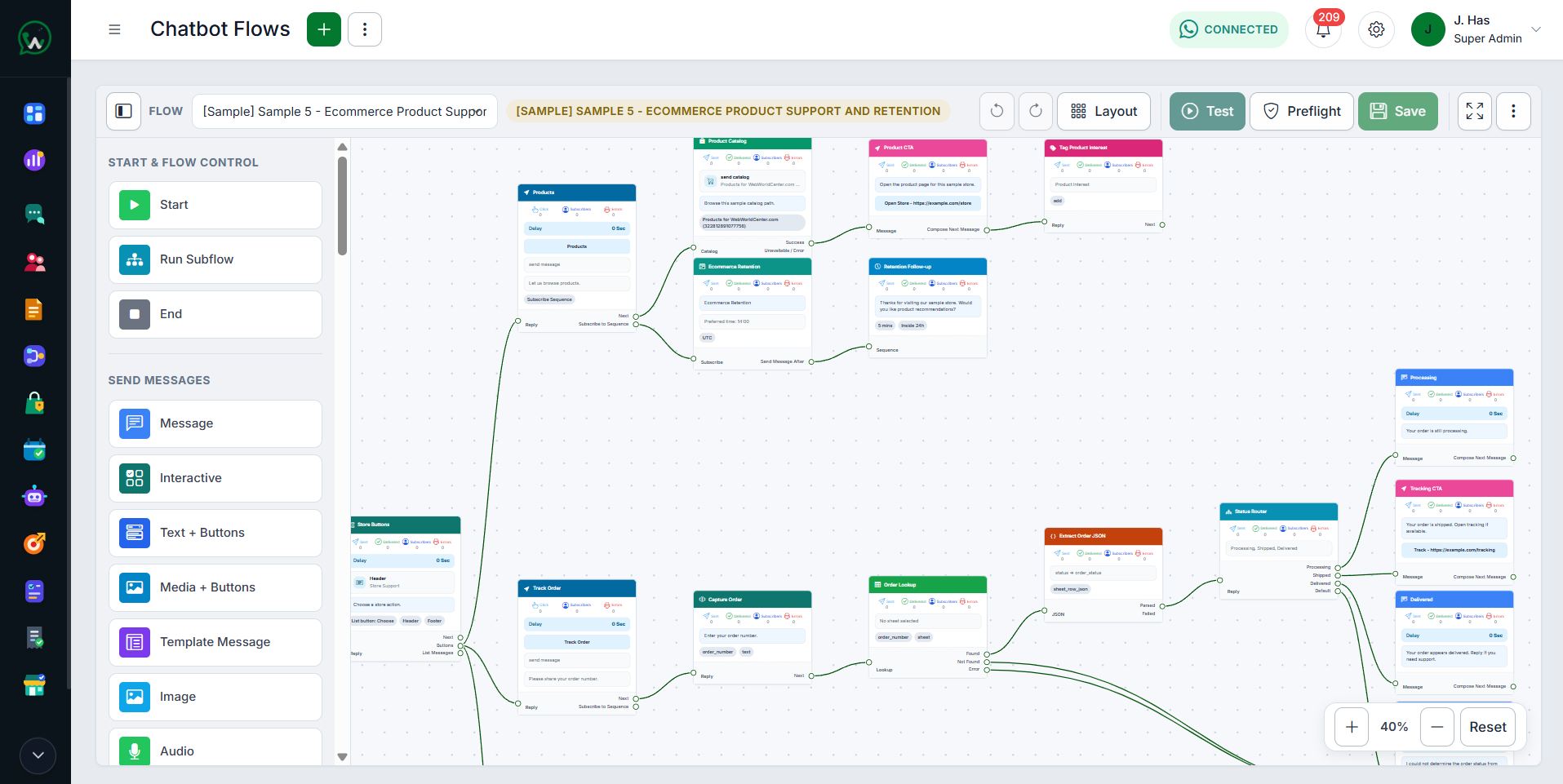 WAPI visual chatbot flow with connected customer-journey steps