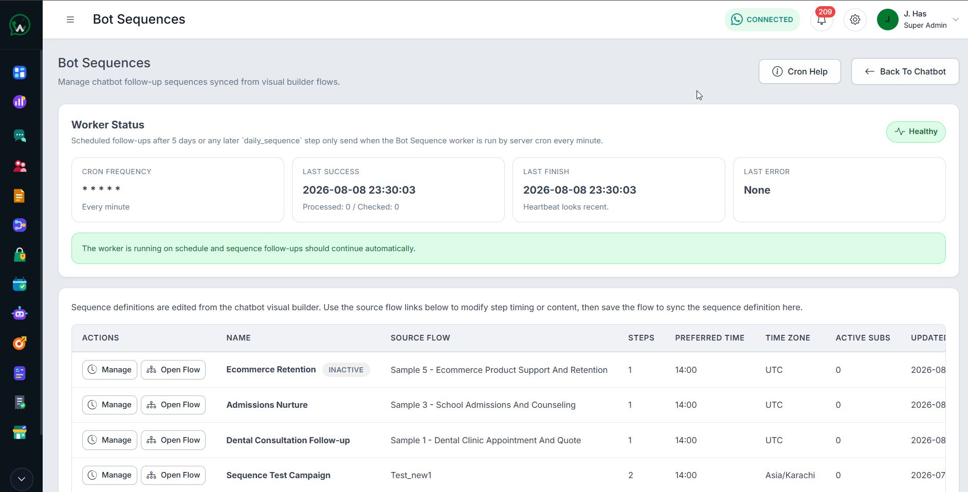 WAPI Bot Sequences workspace with follow-up worker status