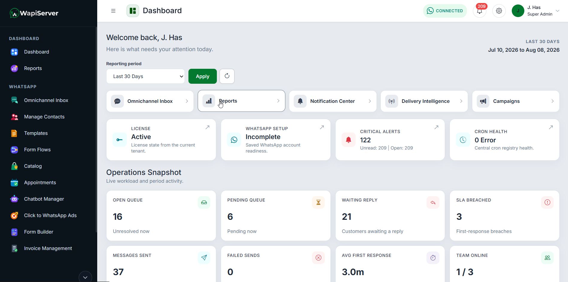 WAPI operational dashboard supporting governed action review