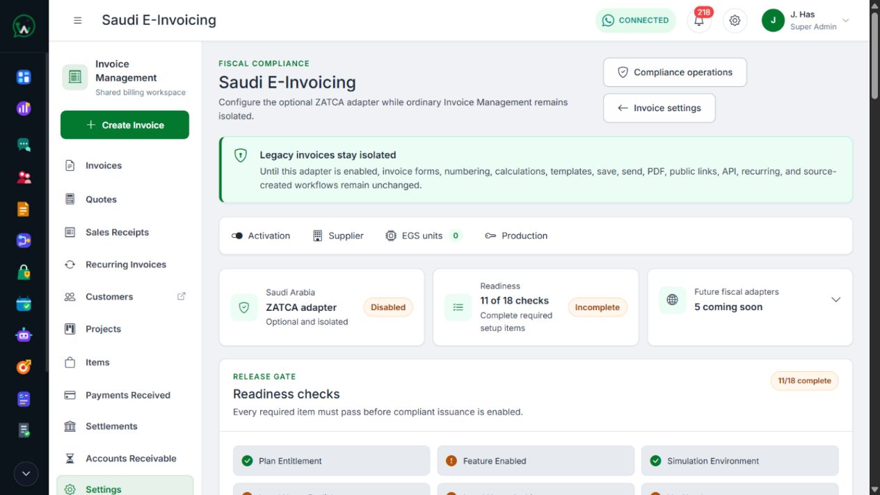WAPI E-Invoicing invoice workspace with fiscal status and evidence controls