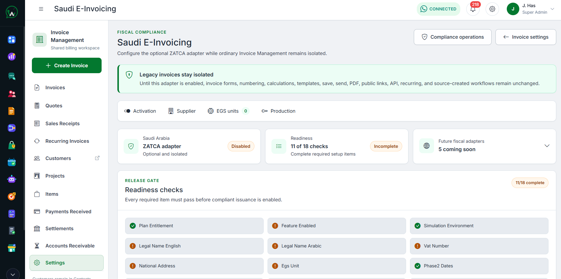 WAPI Saudi E-Invoicing settings workspace with ZATCA readiness and compliance controls
