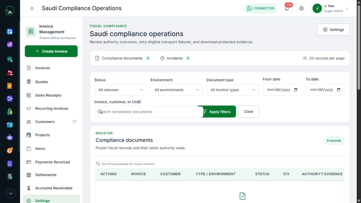 WAPI Saudi compliance operations workspace with document, incident, and authority evidence controls