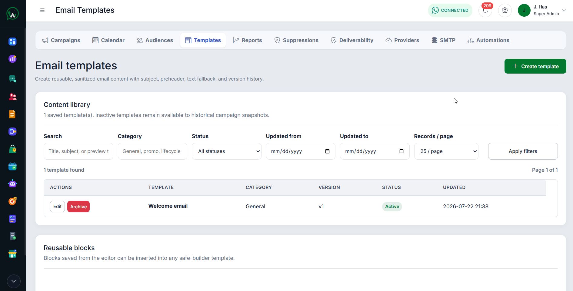 WAPI Email Marketing templates workspace