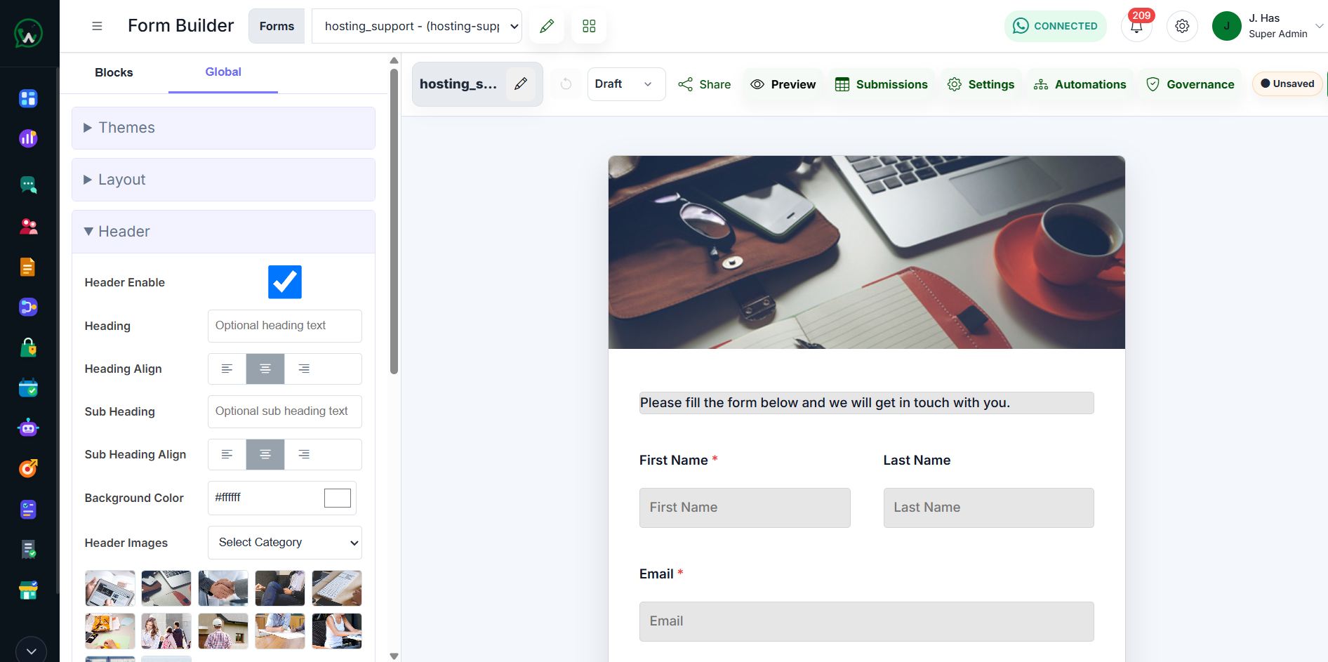 WAPI Form Builder editor with a customer support form
