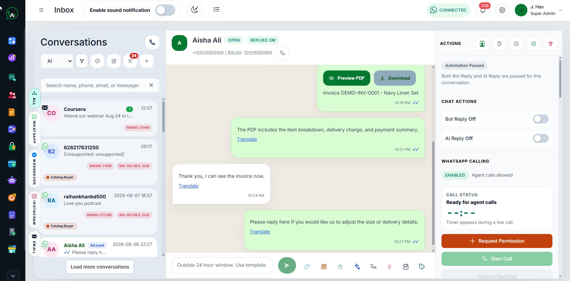 WAPI shared inbox with customer conversation and business actions