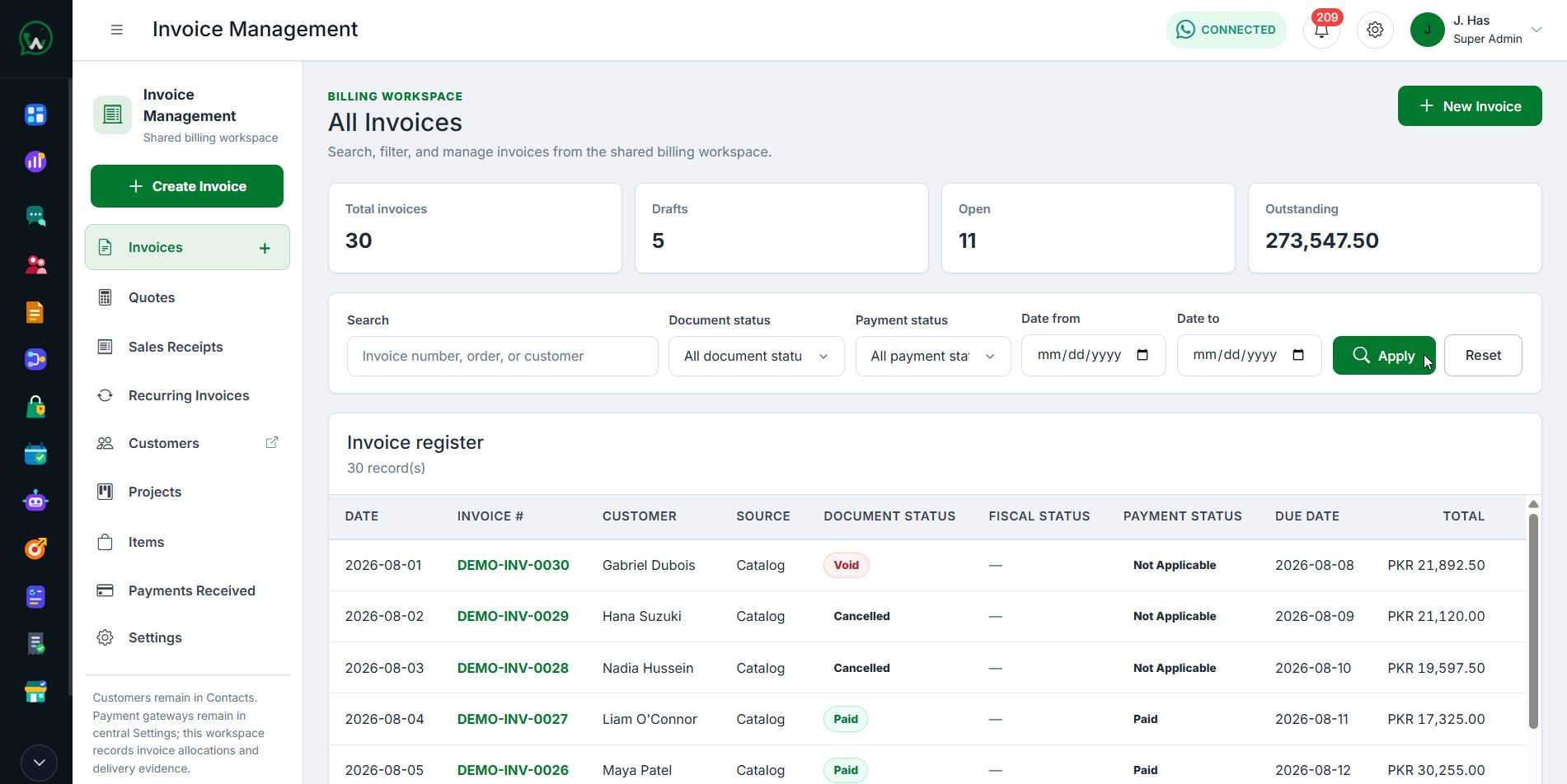 WAPI Invoice Management document list