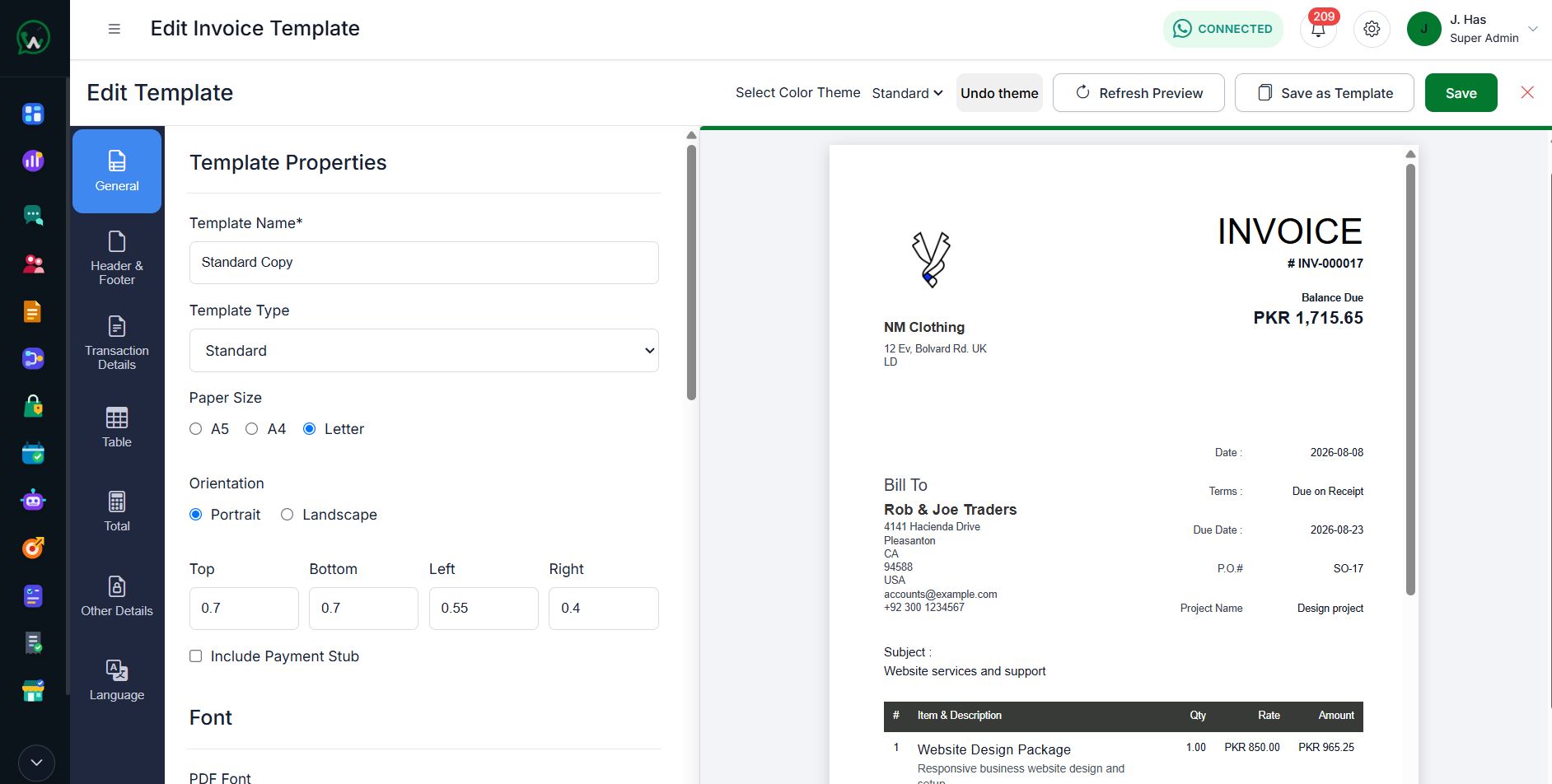 WAPI invoice template editor