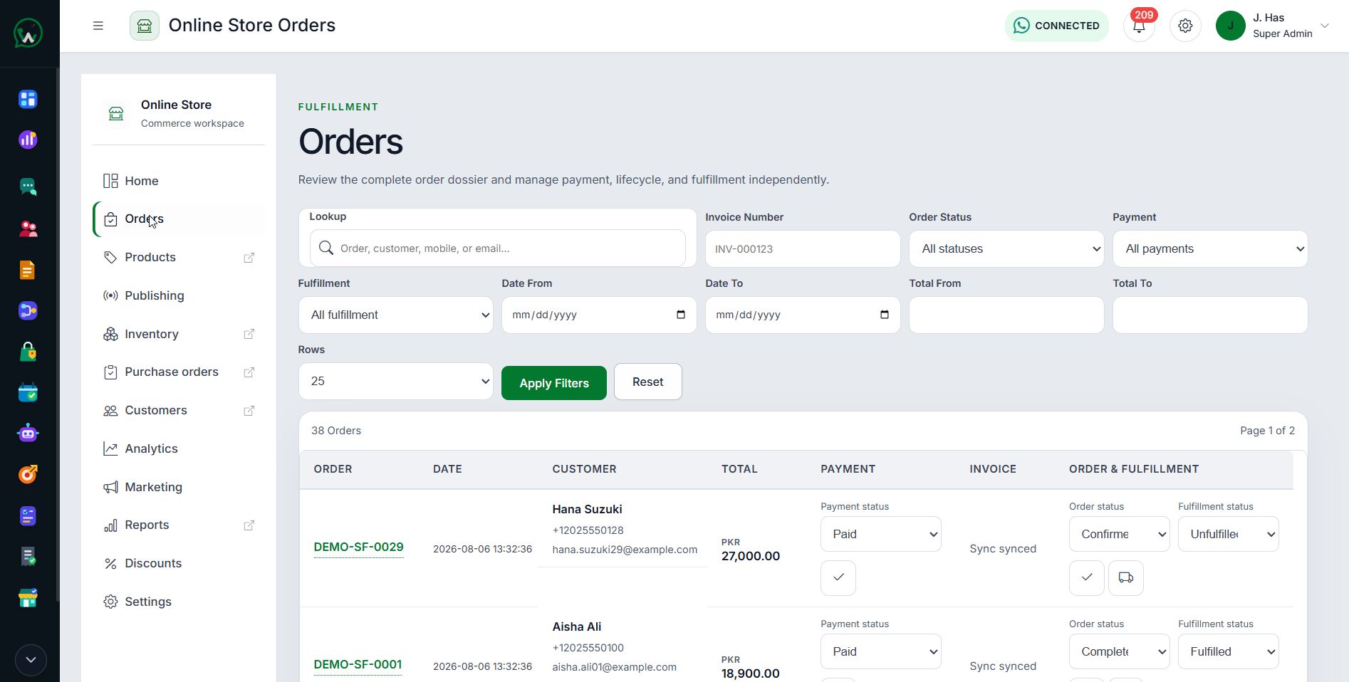 WAPI Online Store orders workspace