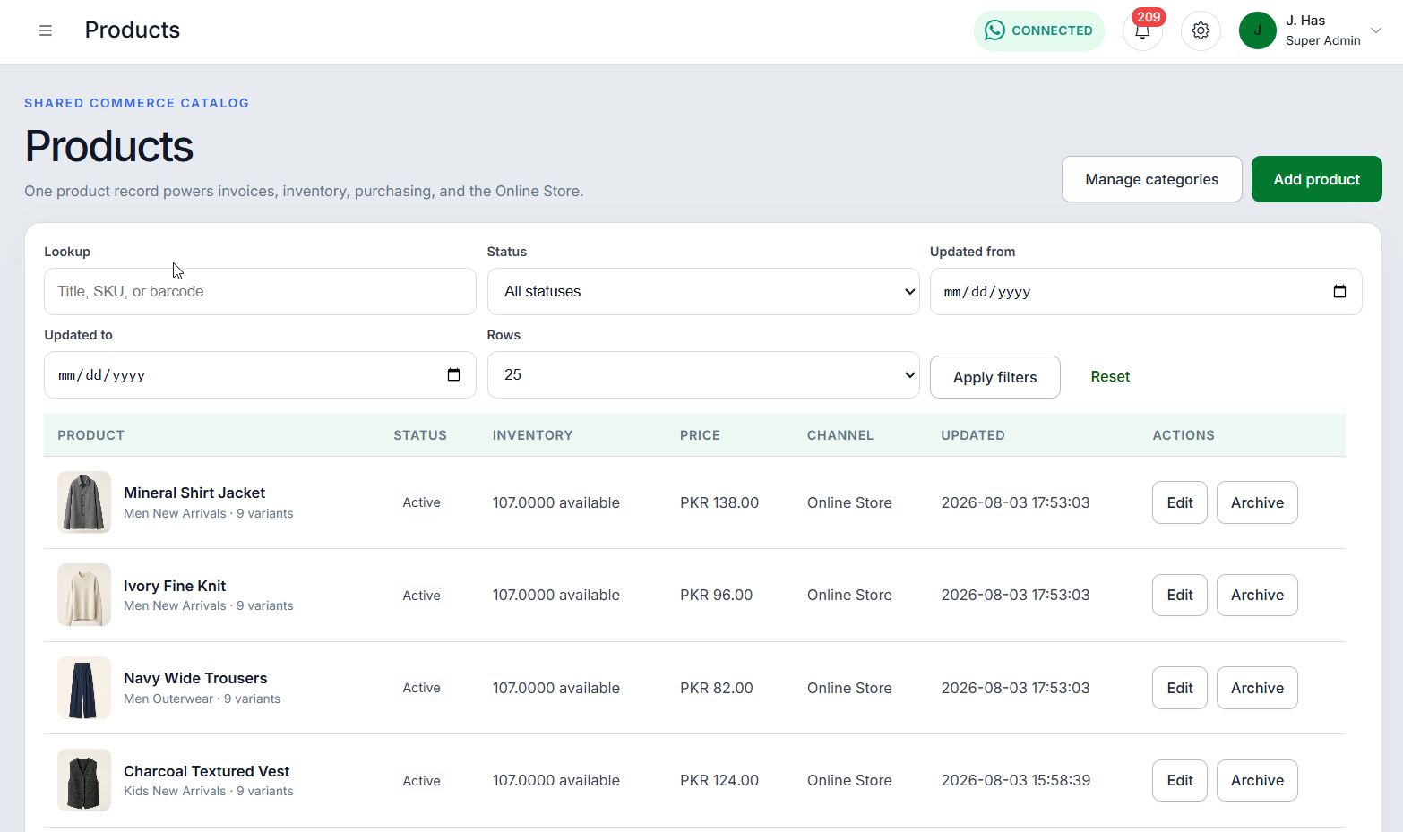 WAPI Online Store product management list
