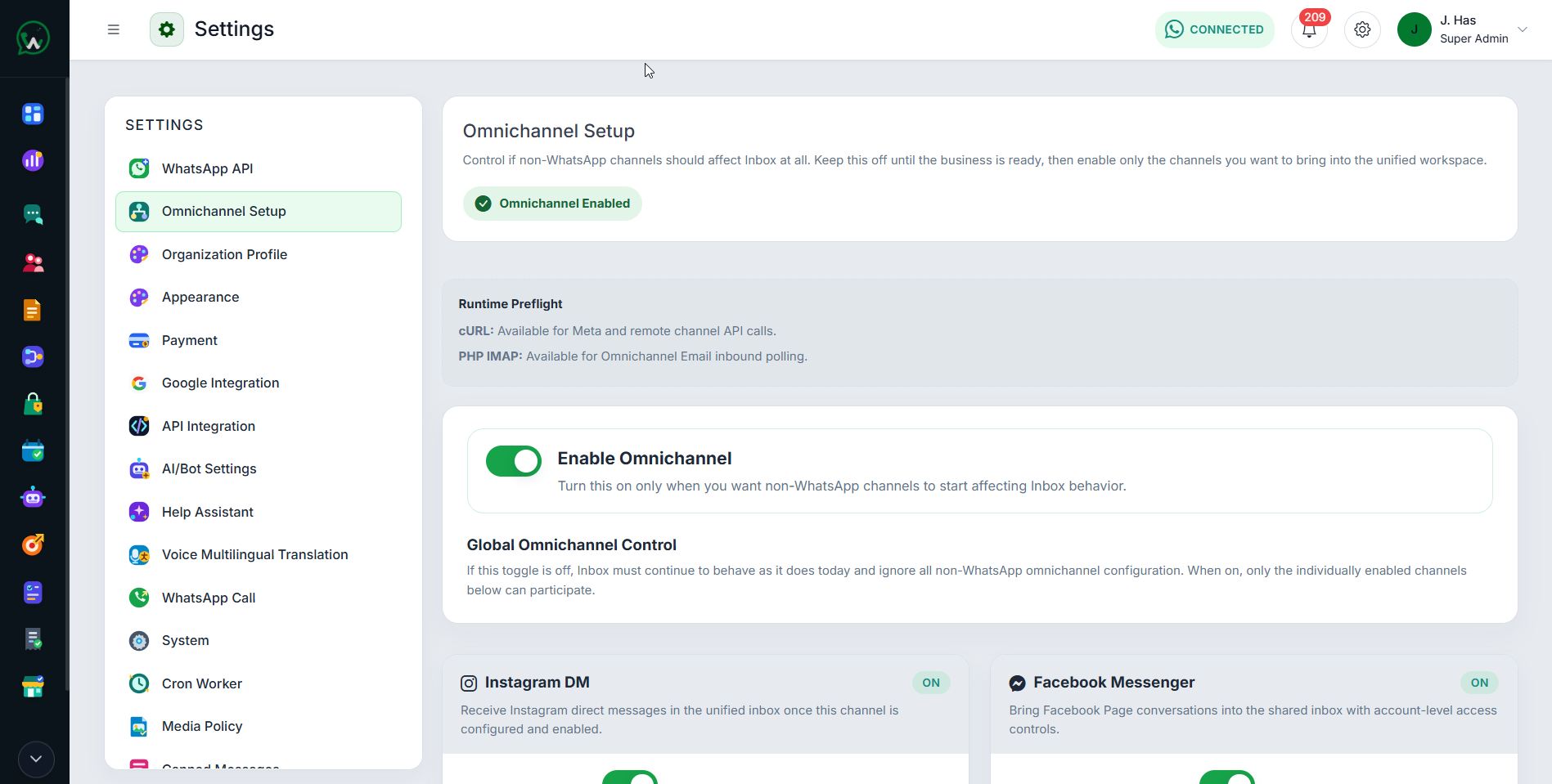 WAPI omnichannel account and inbox setup
