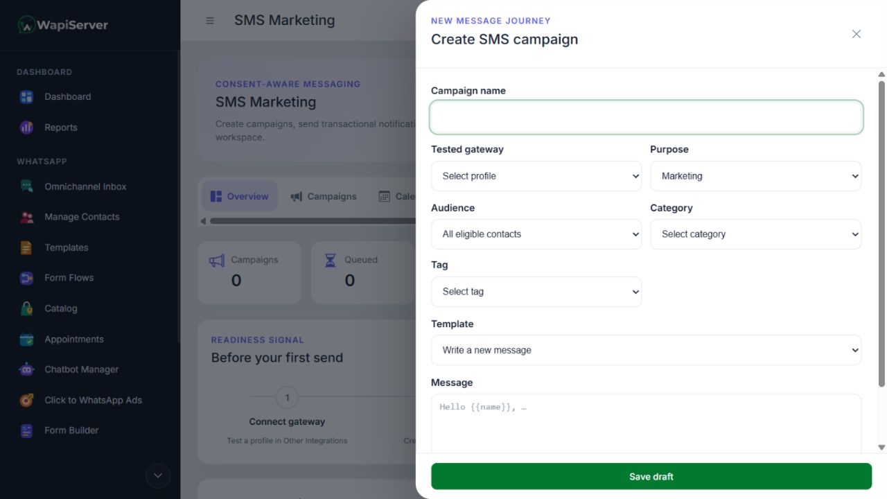 WAPI SMS Marketing campaign composer with gateway, audience, template, and message controls