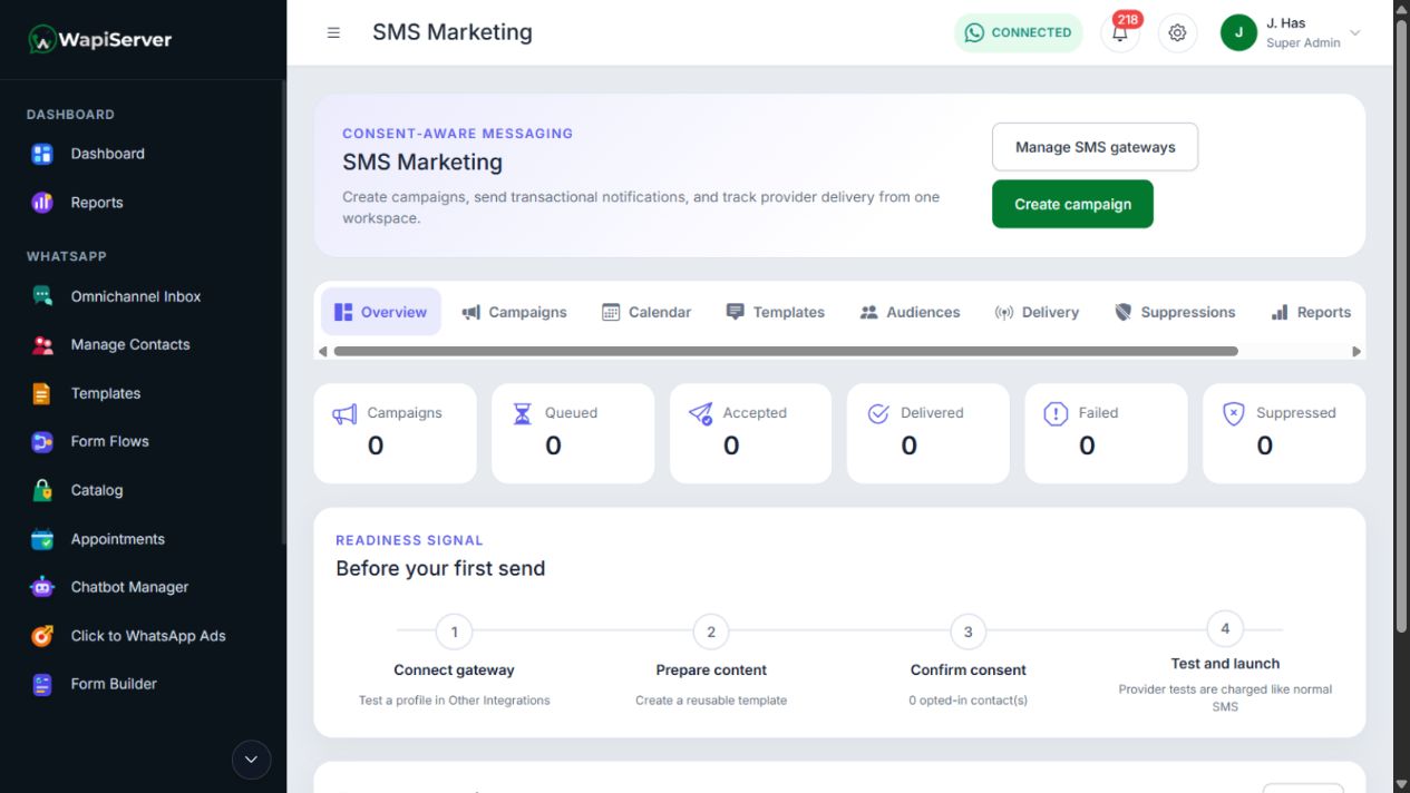 WAPI SMS Marketing overview with campaigns, delivery readiness, suppressions, and reports