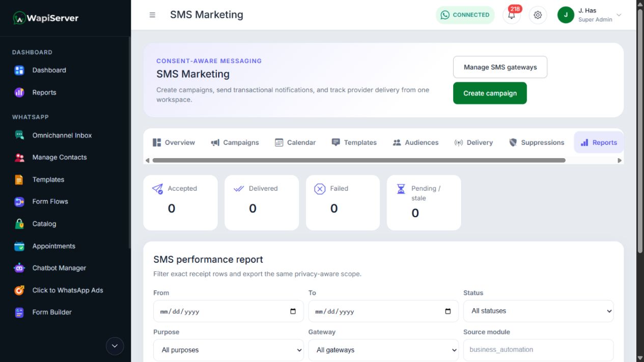 WAPI SMS Marketing recipient delivery report with filters and export controls