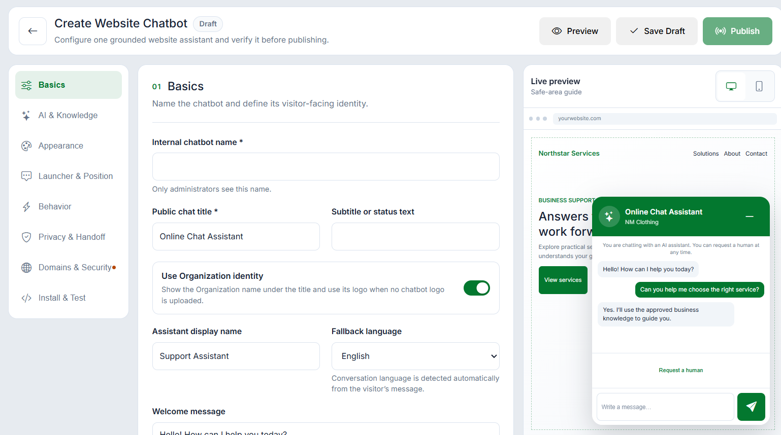 WAPI-Builder für Website-Chat mit Live-Vorschau eines KI-Textchat-Widgets
