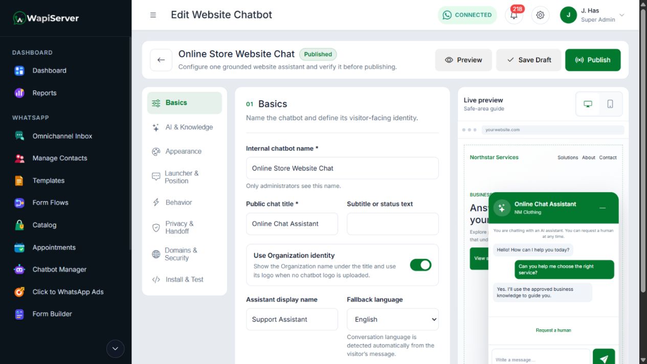 WAPIServer conversational AI platform with website chat assistant builder