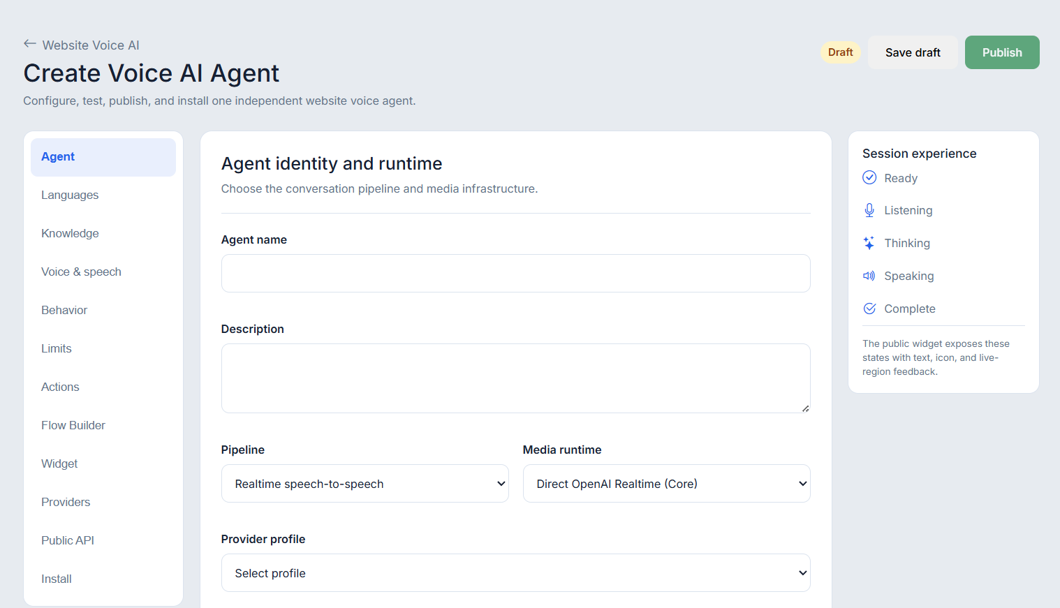 WAPI Website Voice AI builder with agent identity, runtime, language, knowledge, behavior, limits, actions, and publishing controls