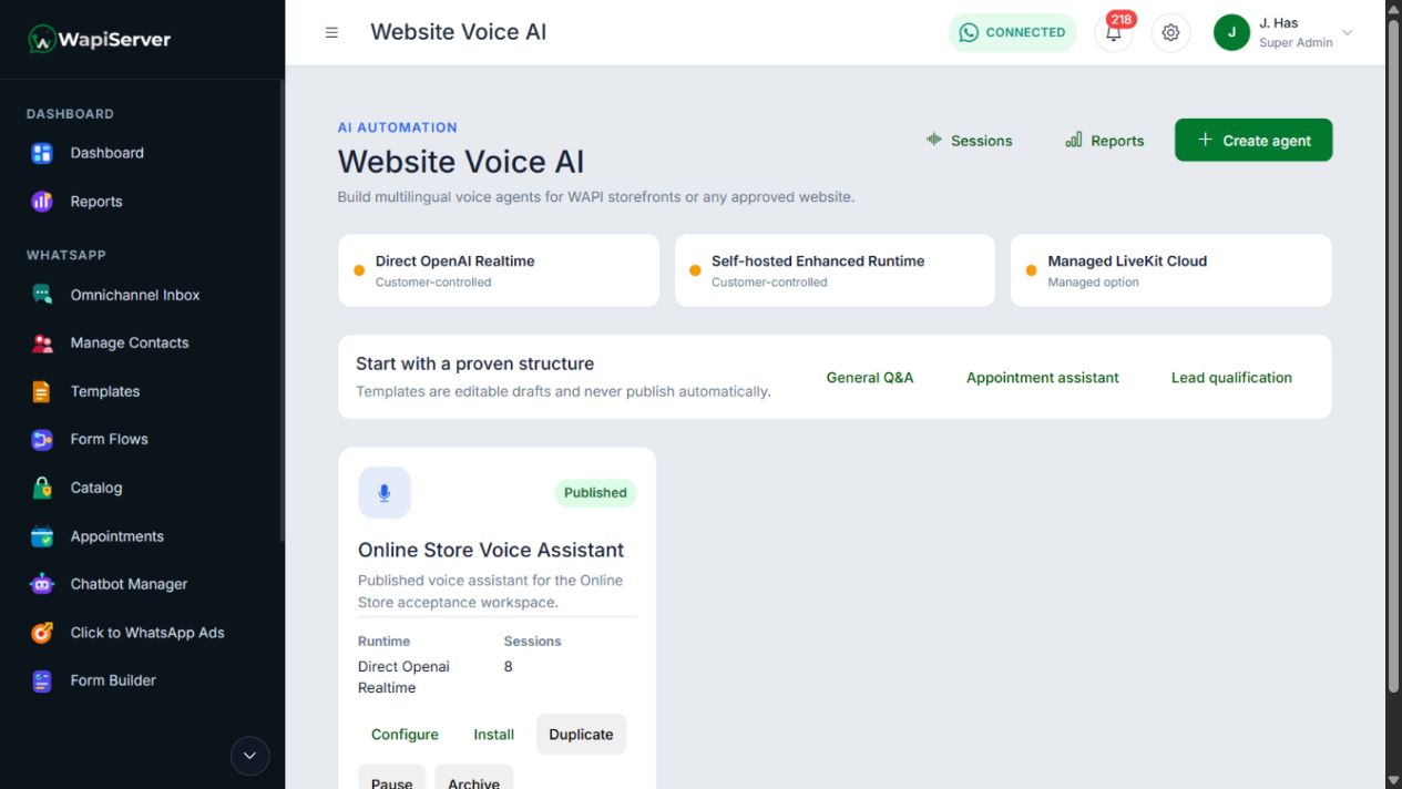 WAPIServer Voice AI platform workspace with configured website assistants