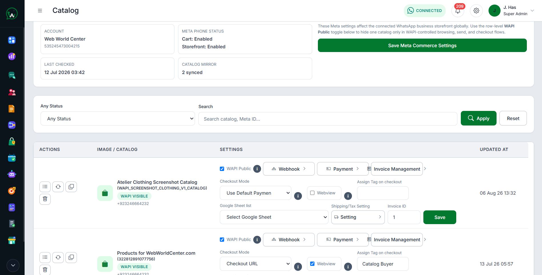 WAPI WhatsApp catalog and commerce settings
