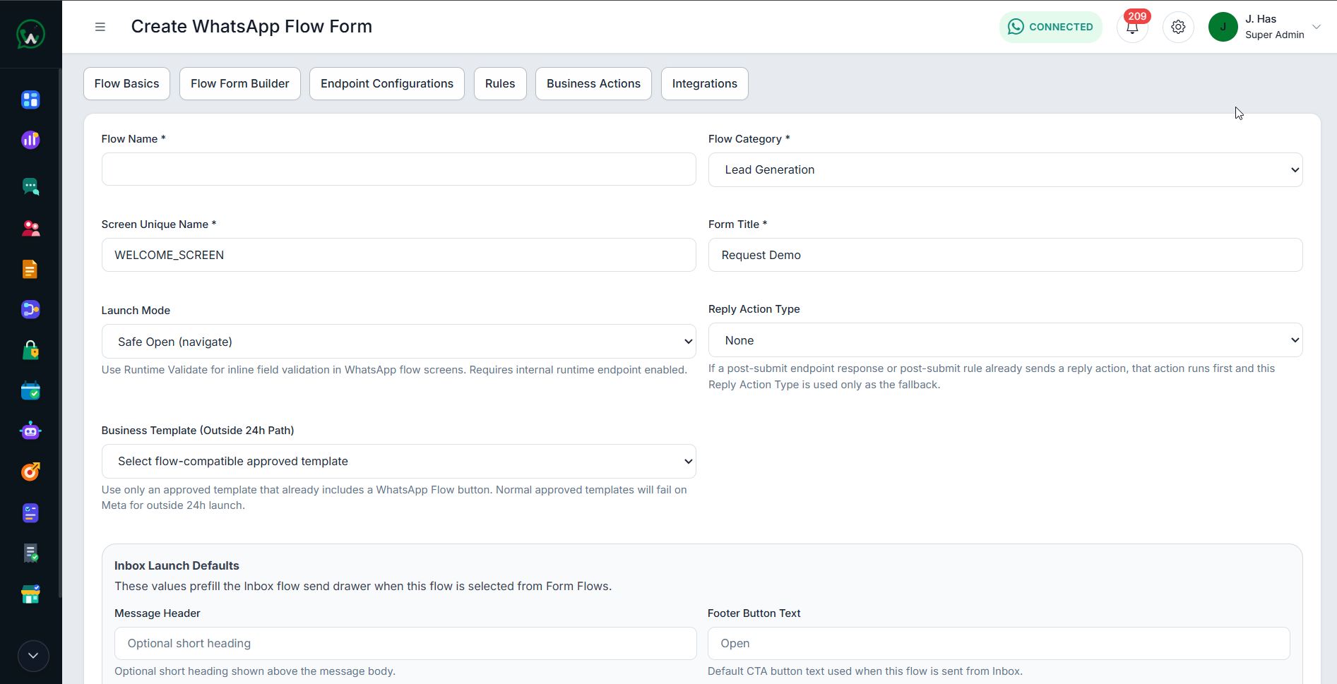WAPI guided flow configuration for structured customer journeys
