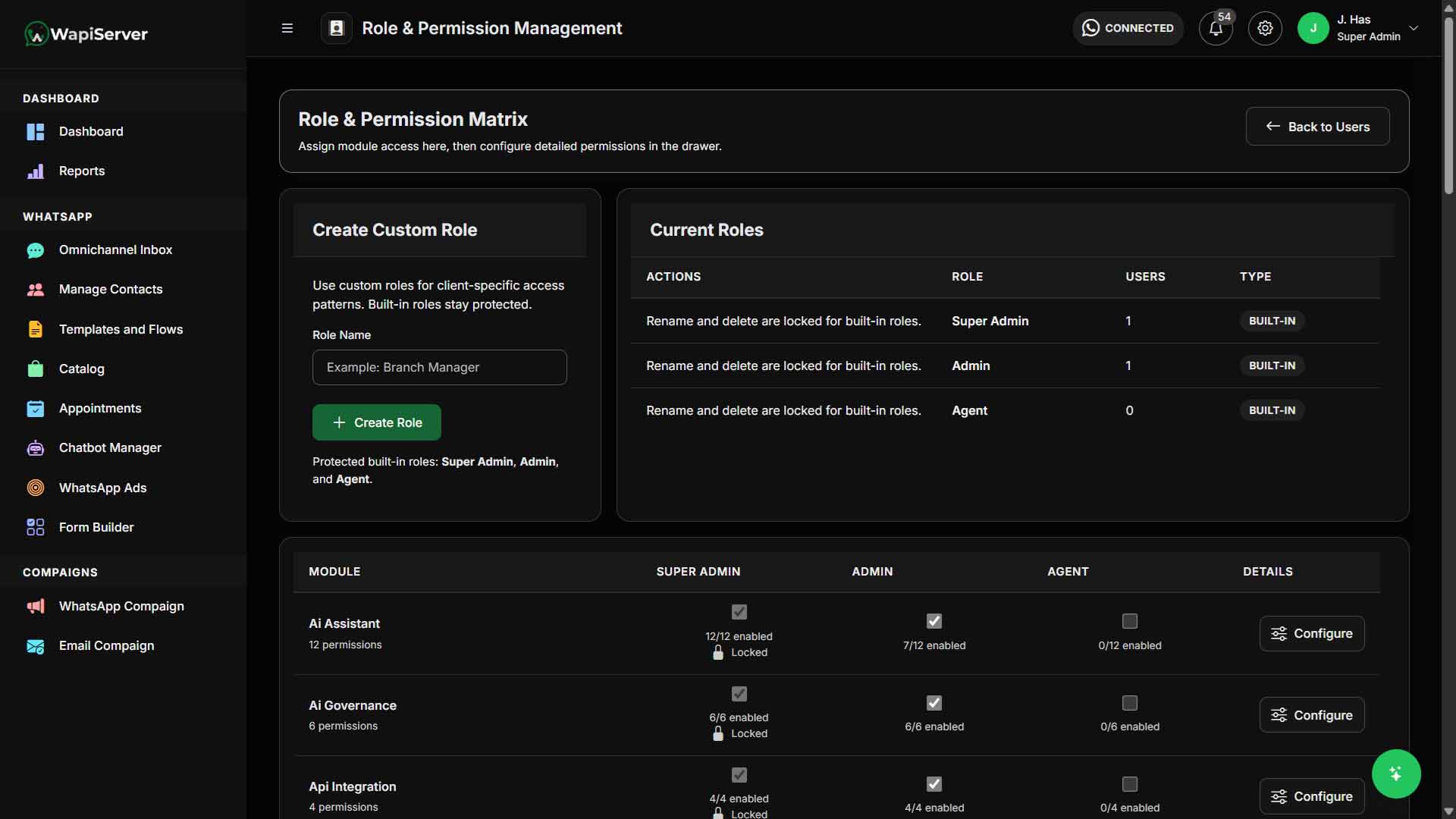 WAPIServer governance, roles, compliance, and AI controls