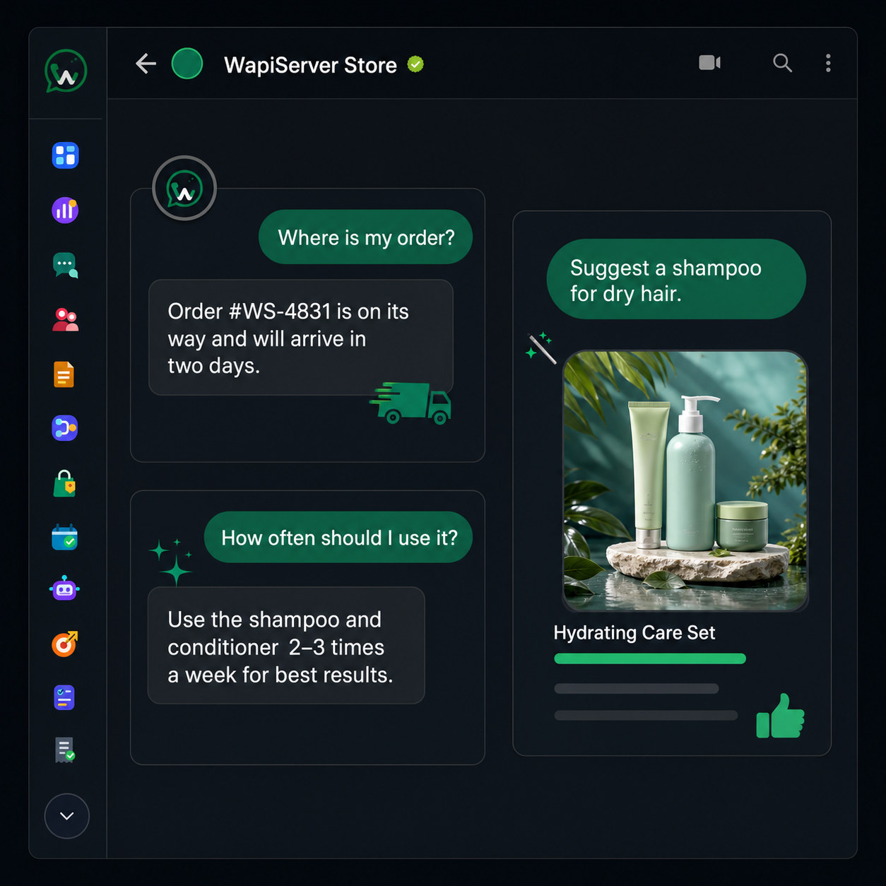 WAPIServer ecommerce conversation combining product advice and order tracking