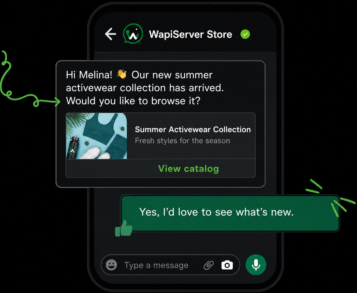 WAPIServer catalog conversation connected to a Shopify product workflow