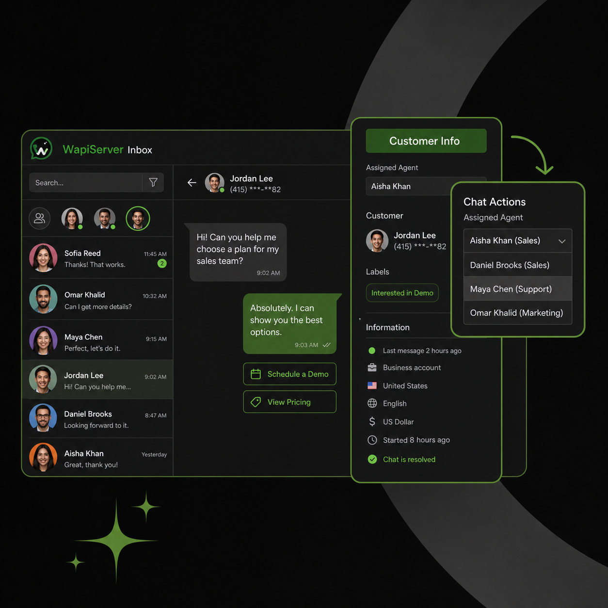 WAPIServer shared inbox assigning a customer conversation to the right sales owner