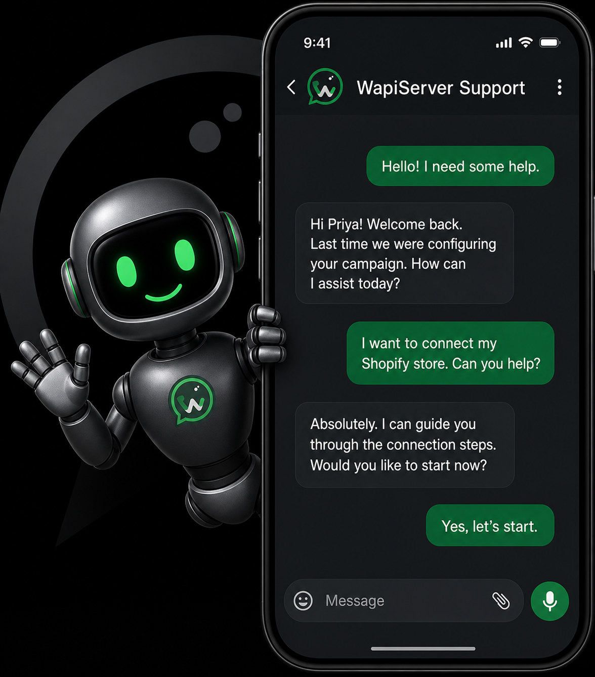 WAPIServer AI-assisted support conversation with a clear operator handoff path