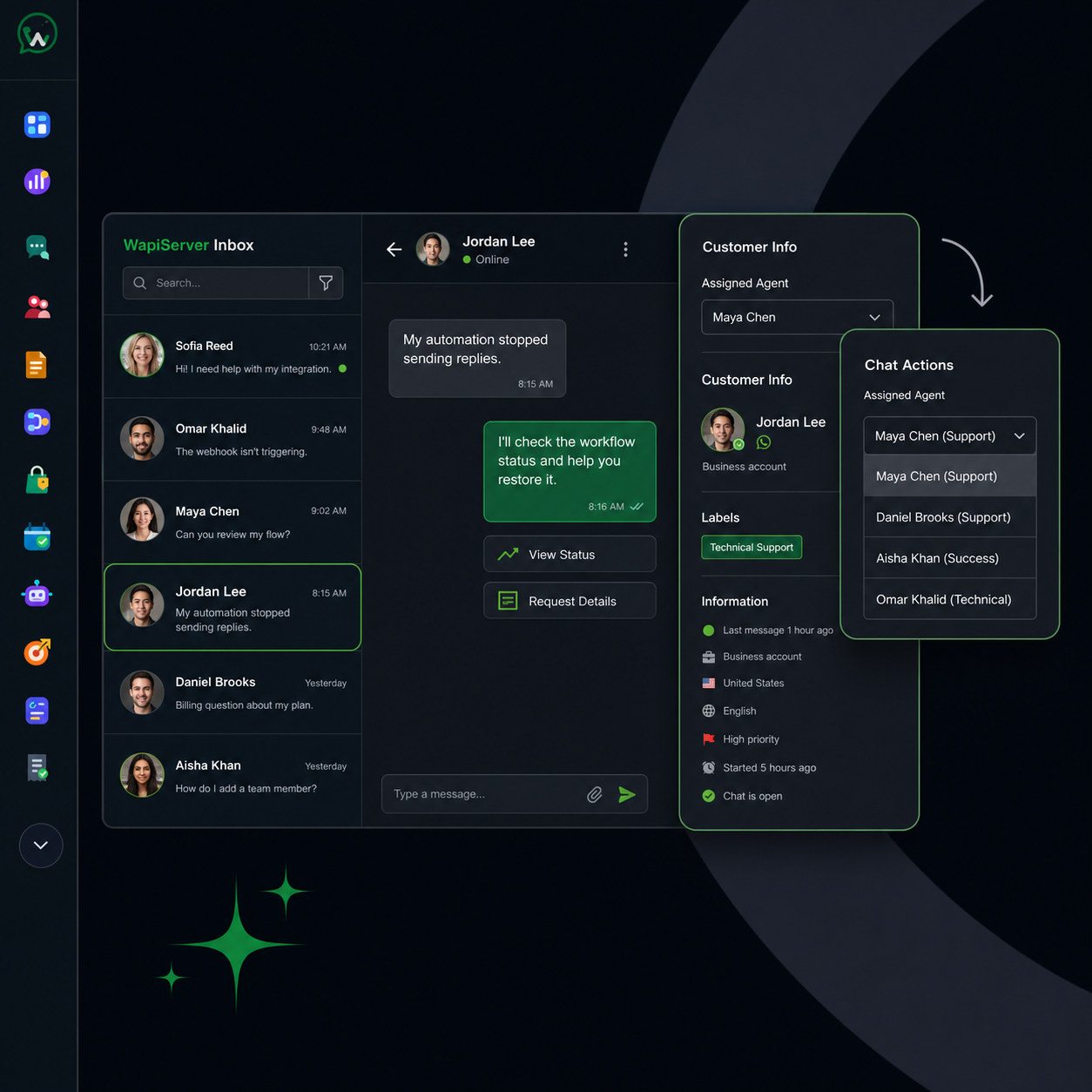 WAPIServer shared support inbox assigning a conversation to the right team