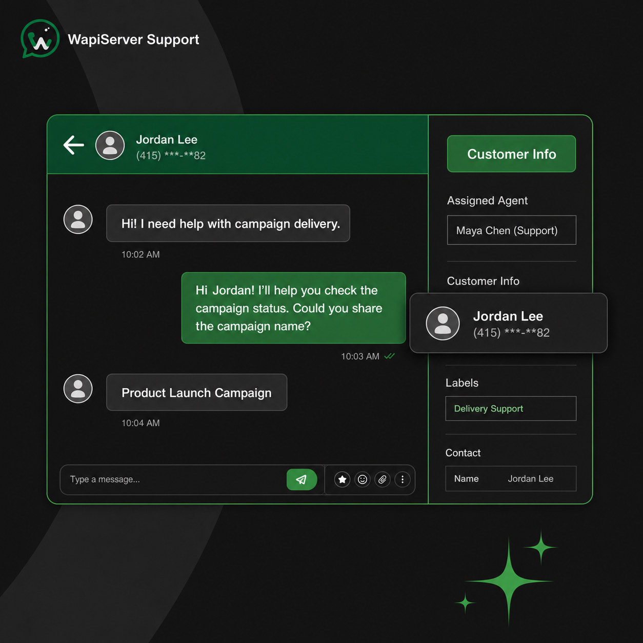 WAPIServer support conversation answering a configured customer request